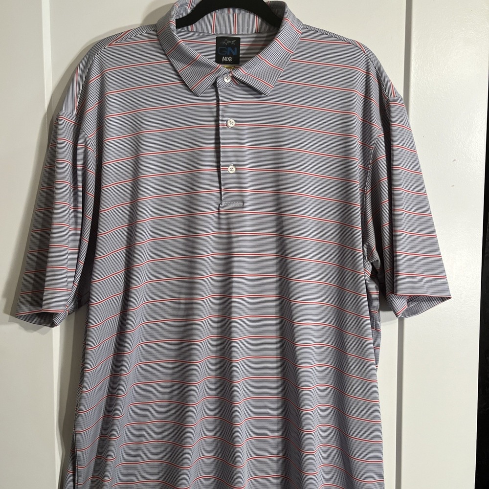 Greg Norman Men's Golf Performance Polo Shirt Blue Red White Stripe PlayDry XL